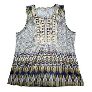 World Unity Lace Trim Sleeveless Tank Top Women's Large Blue Green Mixed Print